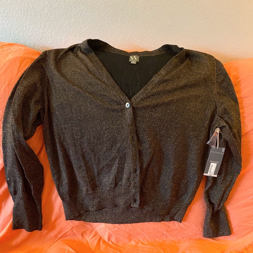 WORTHINGTON Brown with Gold Shimmer V-Neck Button Cardigan Sweater